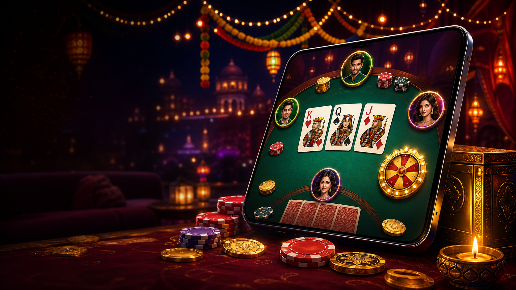 A mobile Teen Patti style card table with chips and cards